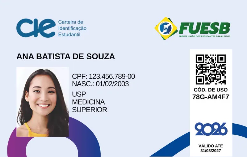 Carteirinha de estudante oficial da Só Meia Entrada, com QR Code